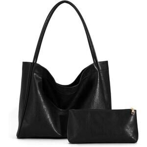 Black Tote Bag for Women 2Pcs Large Casual PU Weekender Bag Soft Vegan Leather